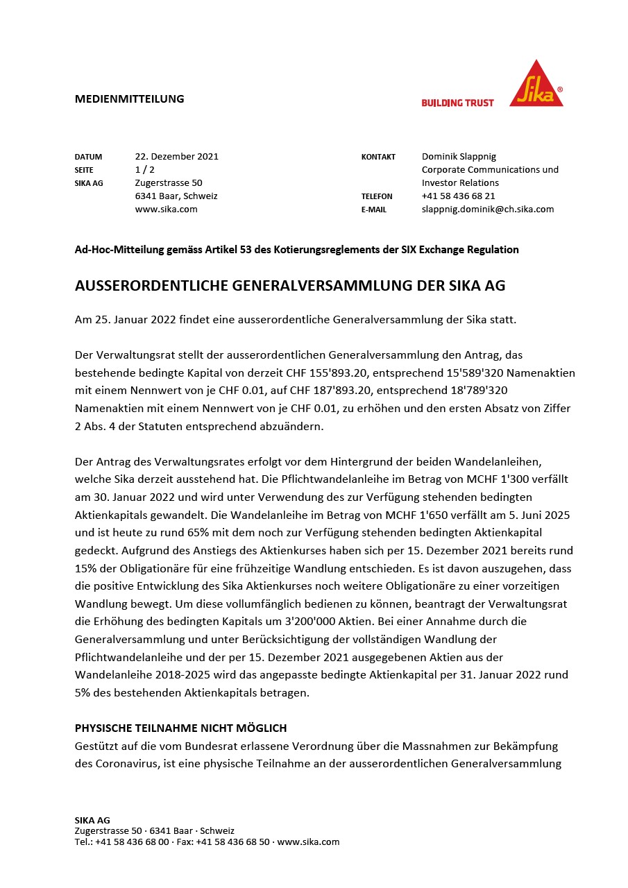 Ausserordentliche Generalversammlung der Sika AG