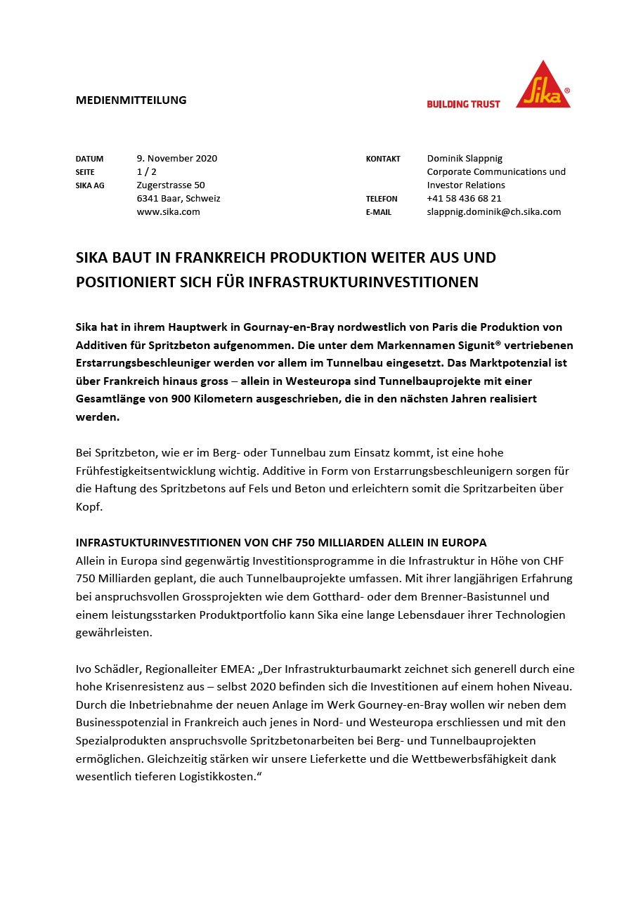 Sika baut in Frankreich Produktion weiter aus und positioniert sich für Infrastrukturinvestitionen