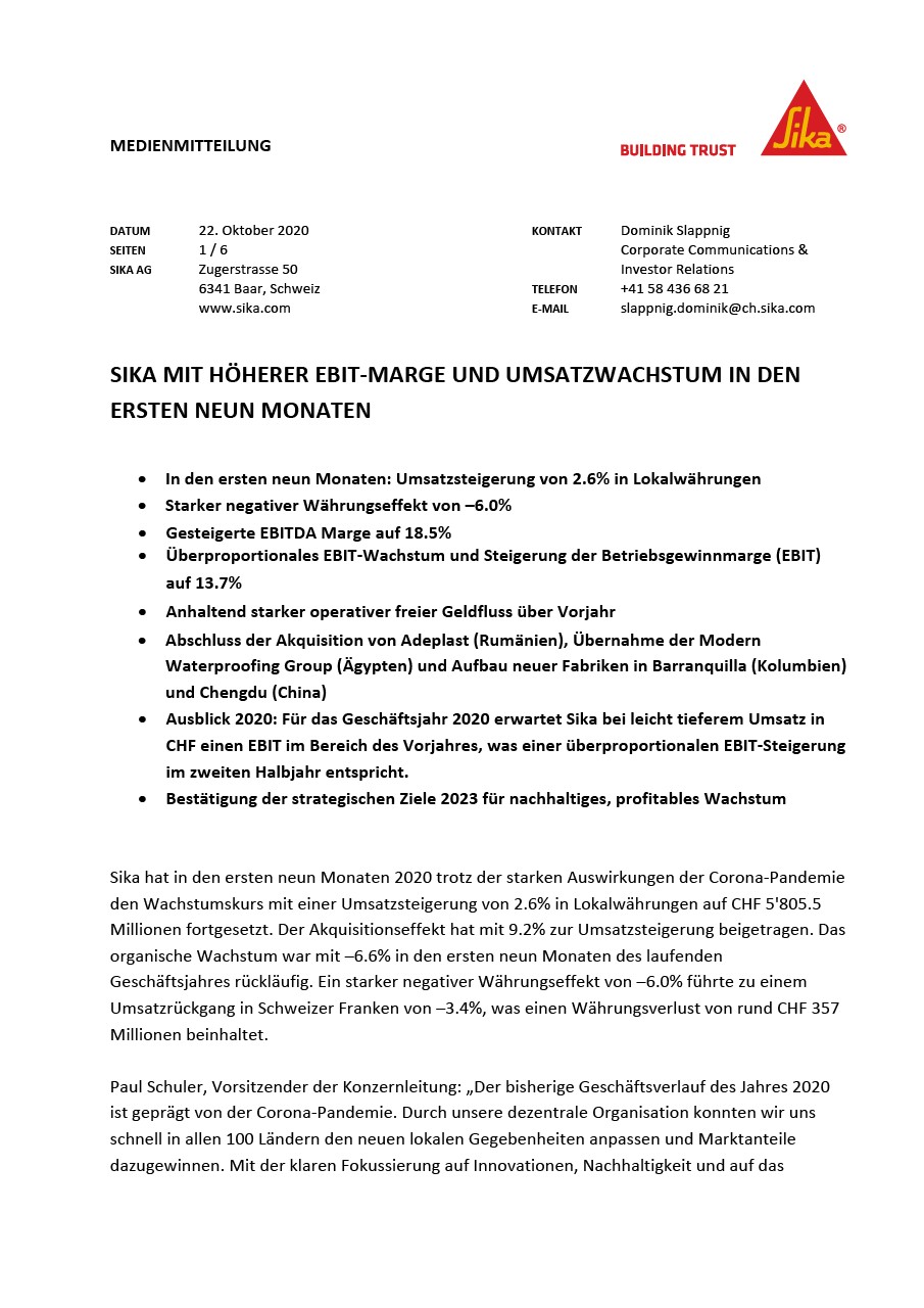 Sika mit höherer EBIT-Marge und Umsatzwachstum in den ersten neun Monaten - Oktober 2020