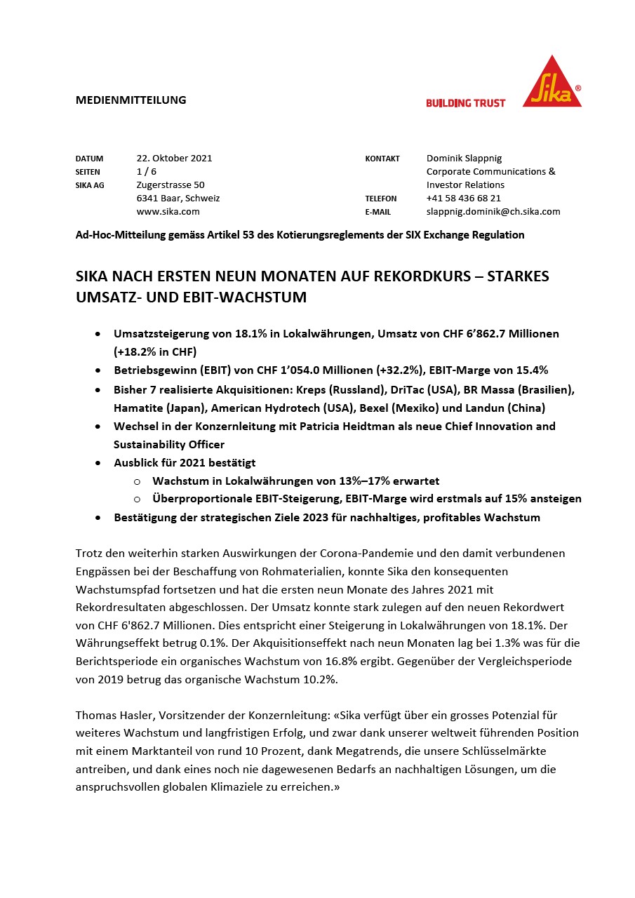 Sika nach ersten neun Monaten auf Rekordkurs - Oktober 2021