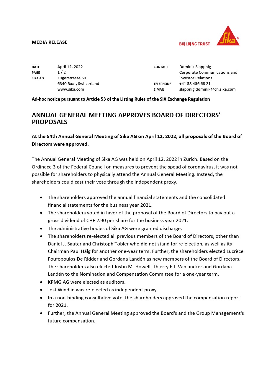 Annual General Meeting Approves Board of Directors' Proposals - April 2022
