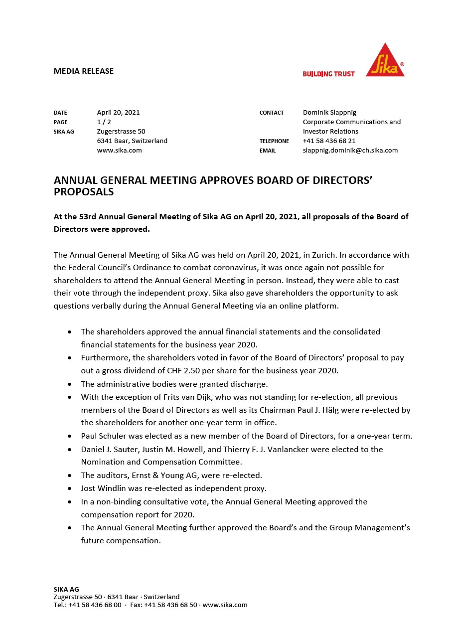 Annual General Meeting Approves Board of Directors’ Proposals - April 2021