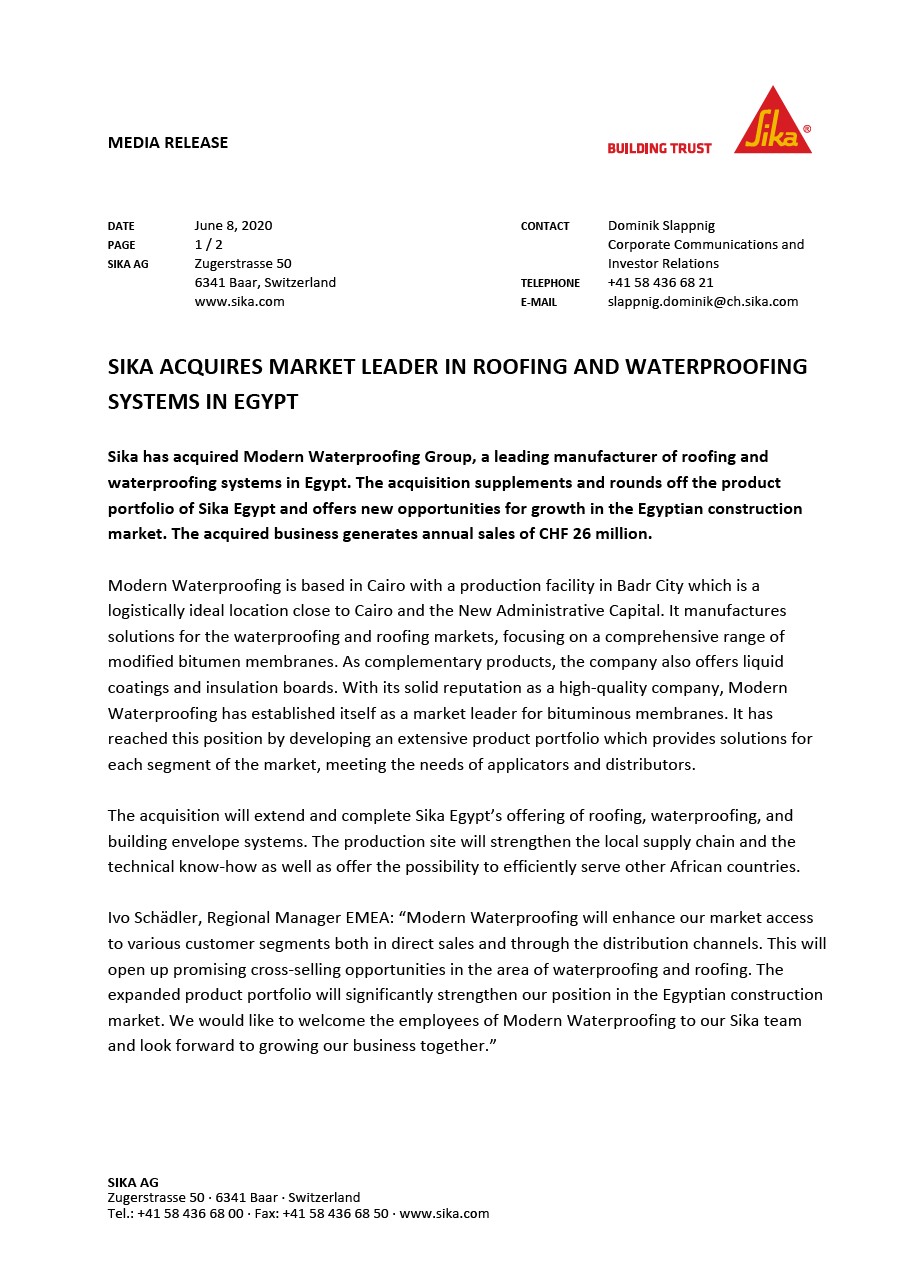 Sika Acquires Market Leader in Roofing and Waterproofing Systems in Egypt - June 2020