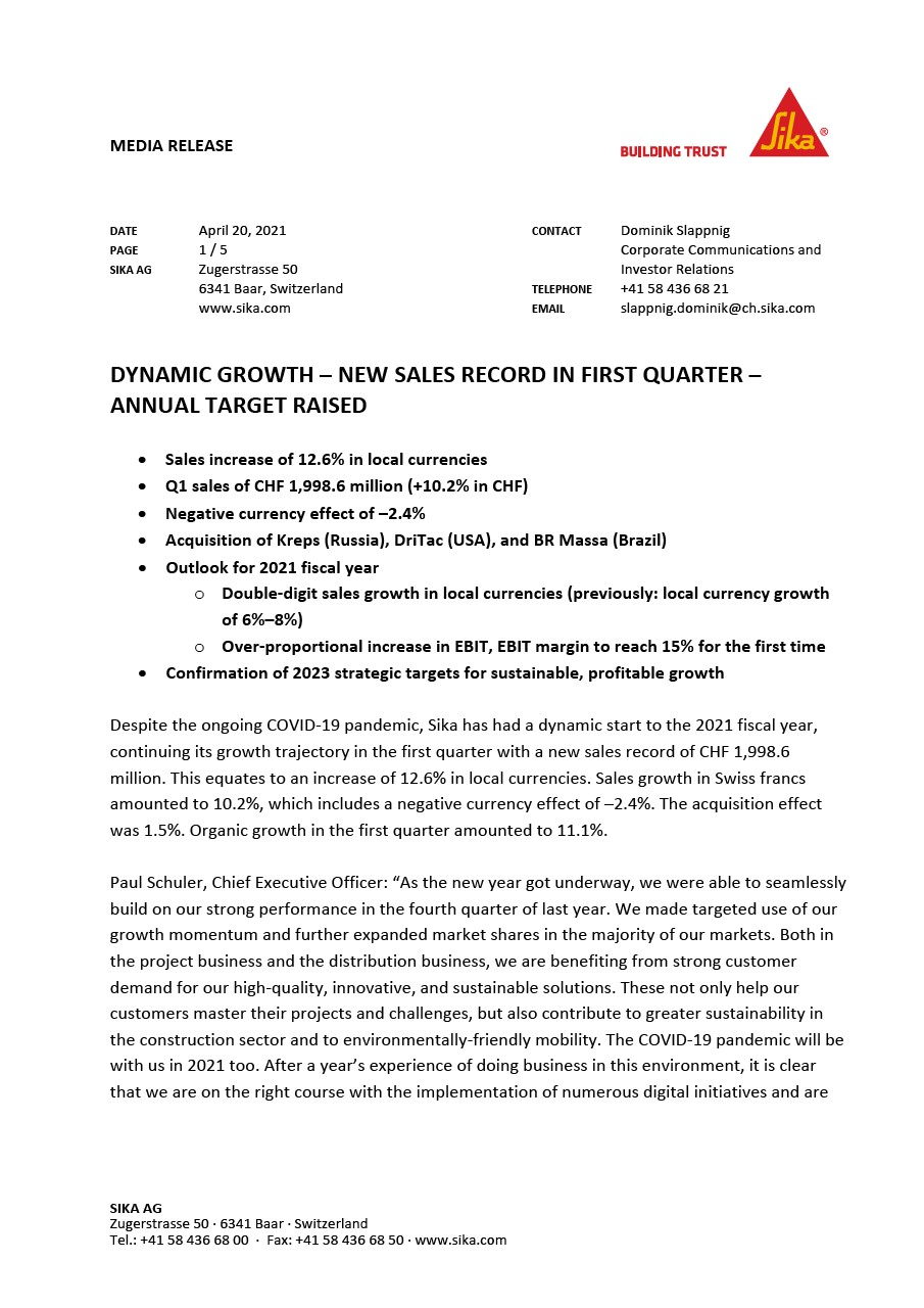 Dynamic Growth - New Sales Record in First Quarter - Annual Target Raised - April 2021