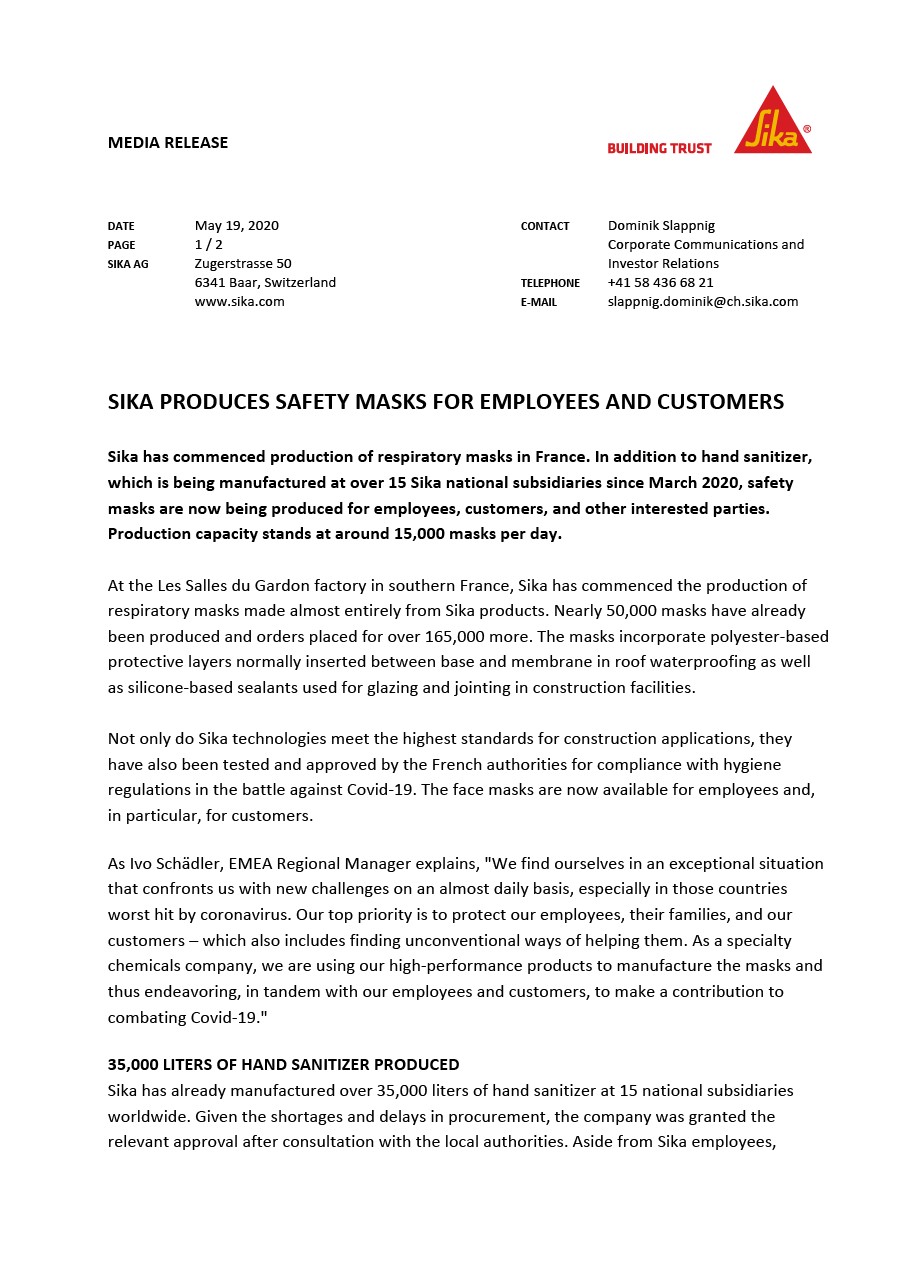 Sika Produces Safety Masks for Employees and Customers - May 2020