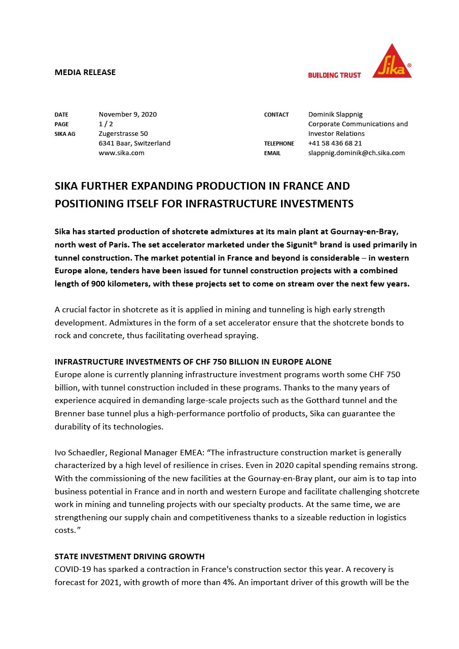 Sika Further Expanding Production in France and Positioning Itself for Infrastructure Investments