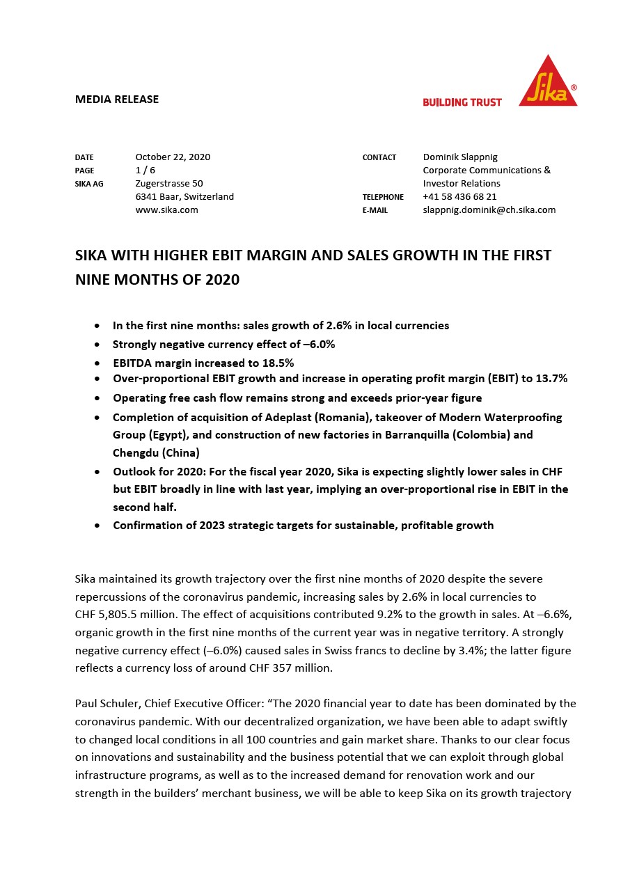 Sika with Higher EBIT Margin and Sales Growth in the First Nine Months of 2020 - October 2020