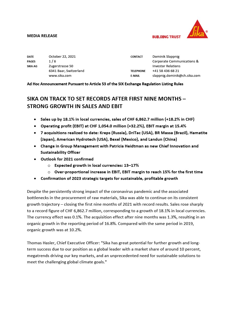 Sika on Track to Set Records After First Nine Months - October 2021