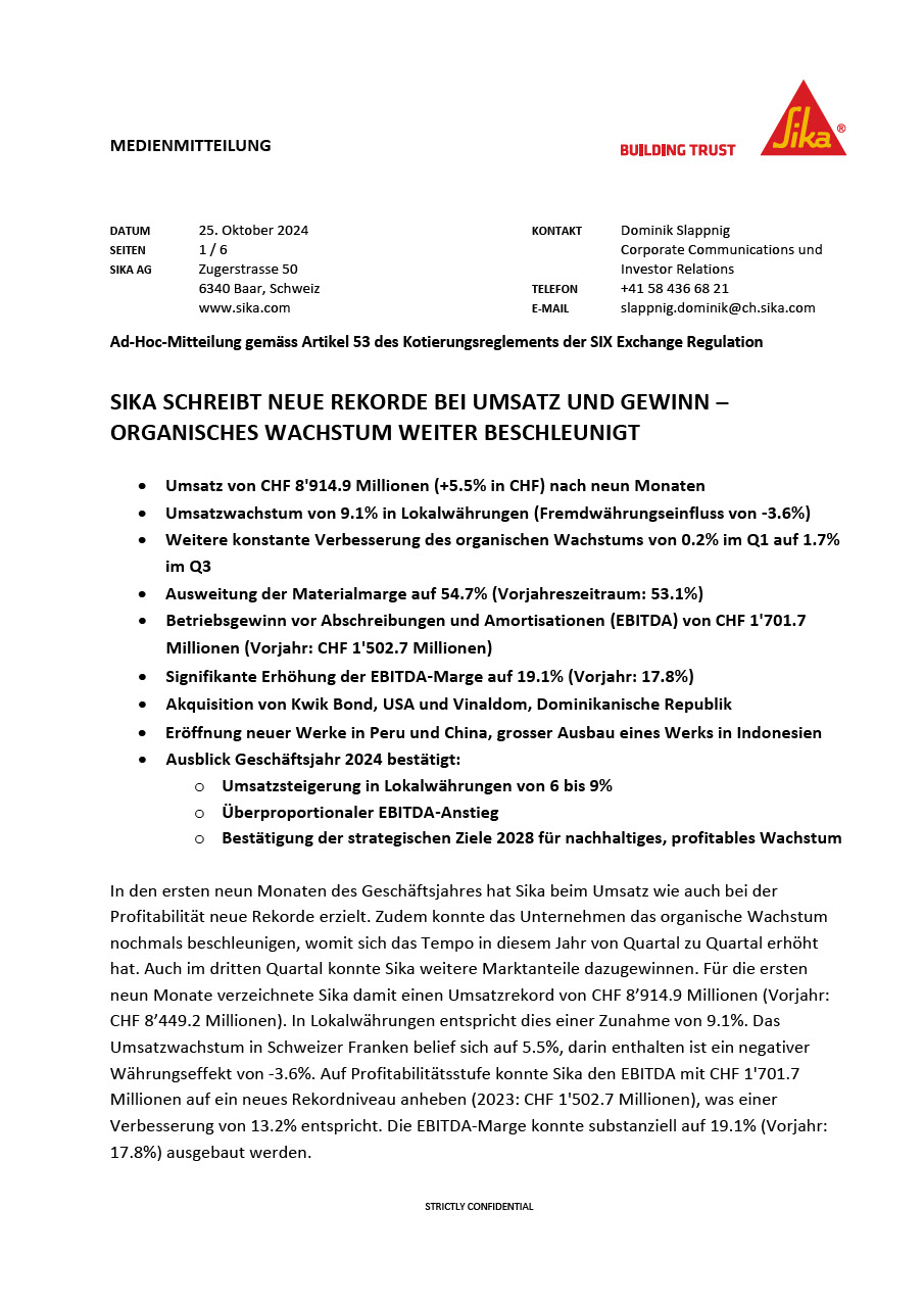 Sika schreibt neue Rekorde bei Umsatz und Gewinn - Organisches Wachstum weiter beschleunigt