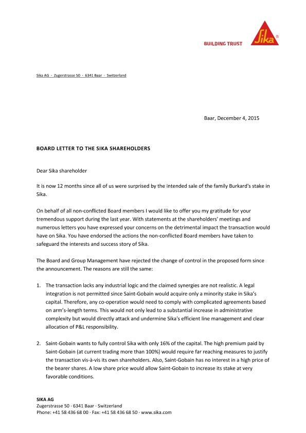Board Letter To The Sika Shareholders