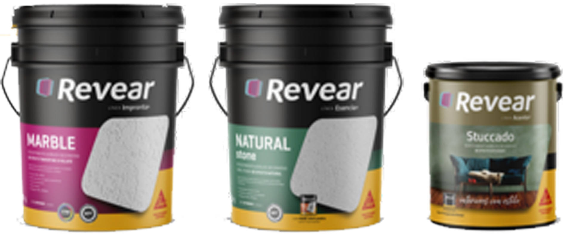 Revear, a strong brand in Argentina in the paint business, specializing in textured finishes. Revear dual branding packaging
