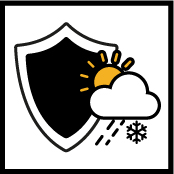 Icon of weather resistant shield with sun, cloud, rain and snow